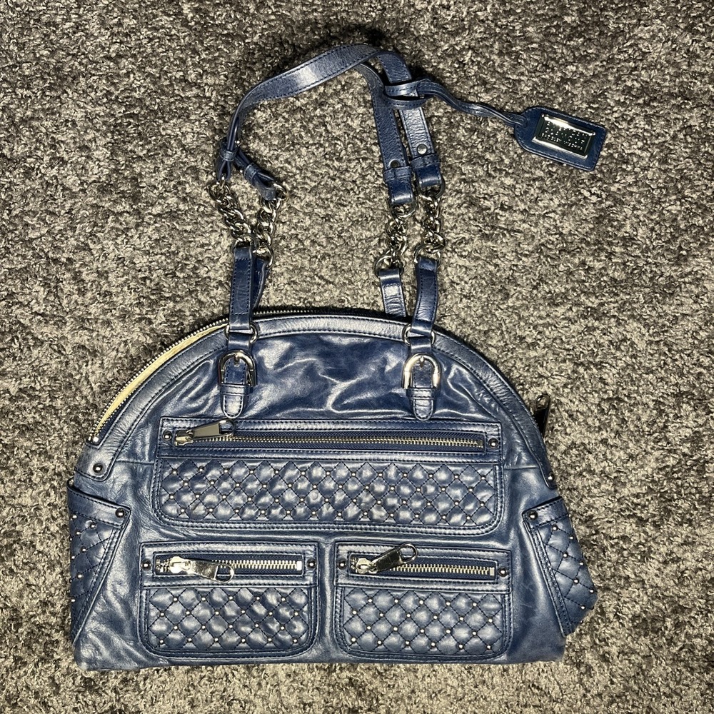 Dark Blue leather studded silver  BADGLEY MISCHKA American Glamour  shoulder bag
